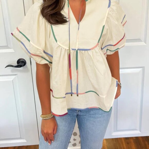 Womens Summer Babydoll Tops V Neck Short Lantern Sleeve Shirts Cute Loose Fit Pe - Picture 4 of 6